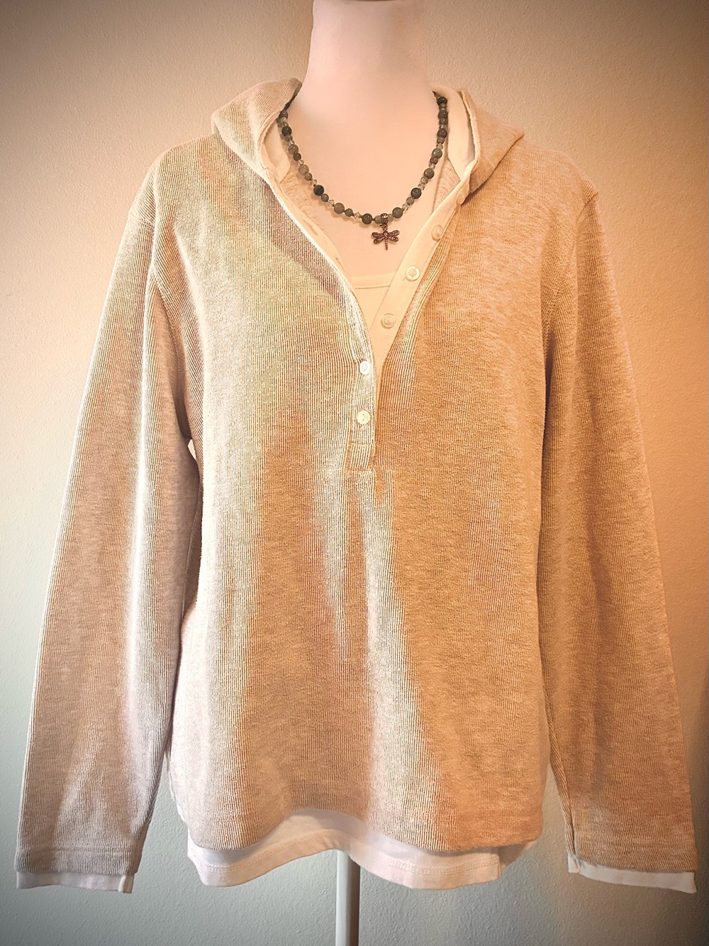 Sonoma Beige Hooded Henley Pullover